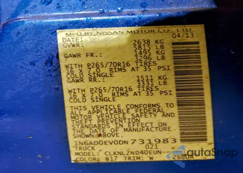 2013 Nissan Frontier S z USA, uszkodzony, nr VIN 1N6AD0EV0DN731983